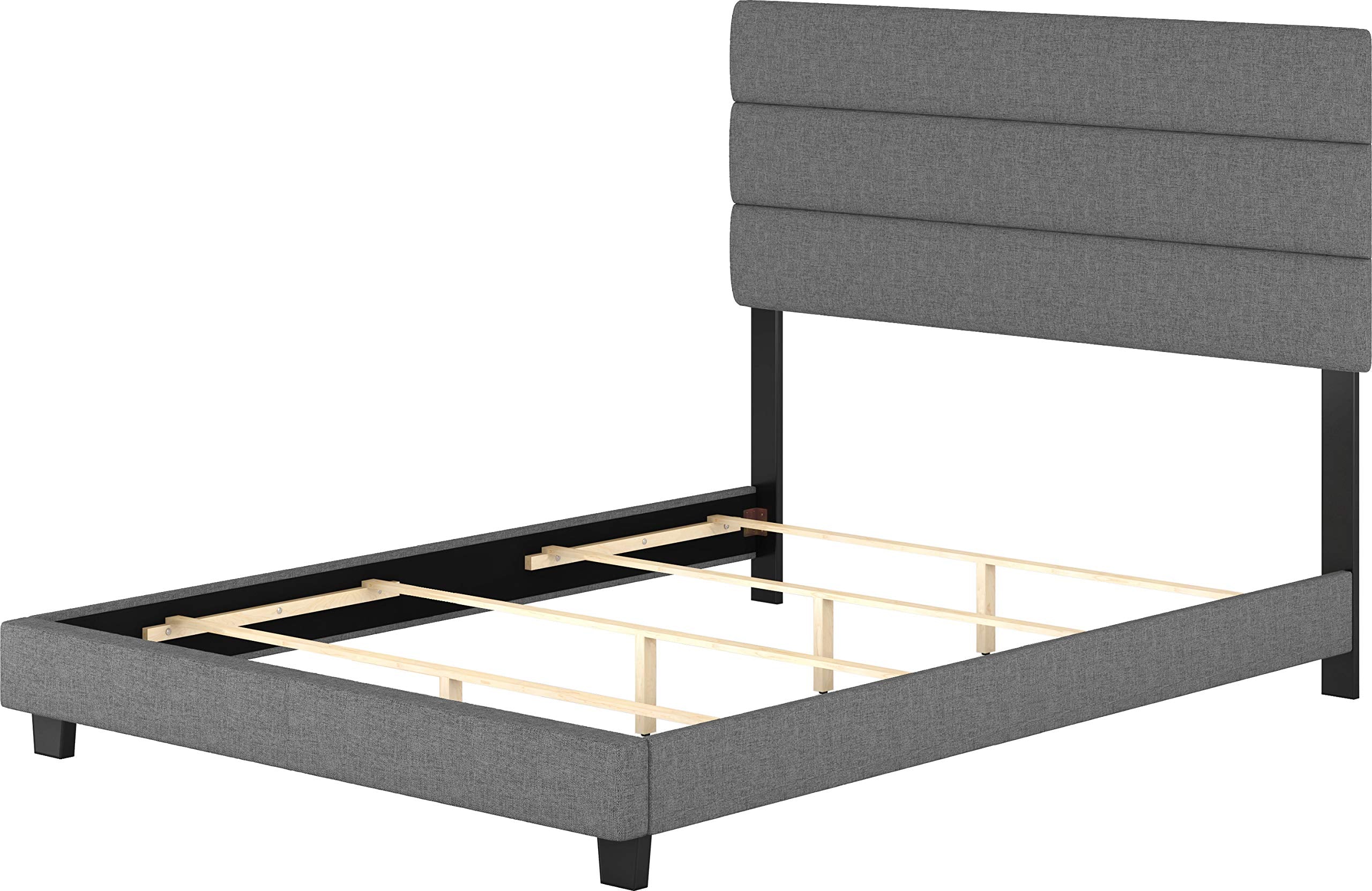 Boyd Sleep Ravenna Upholstered Platform Bed Frame Mattress Foundation With Tri-Panel Headboard And Strong Wood Slat Supports: Linen, Grey, Queen